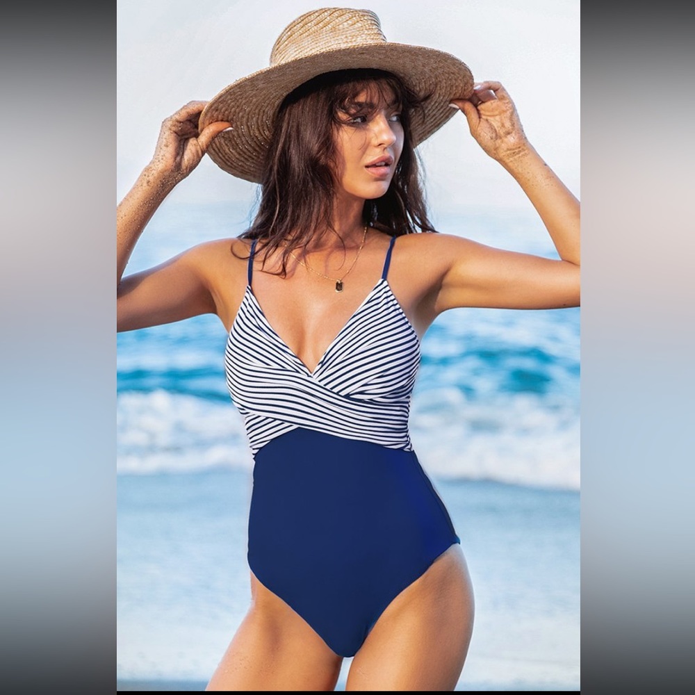 Blue & White Striped CUPSHE One Piece Swimsuit